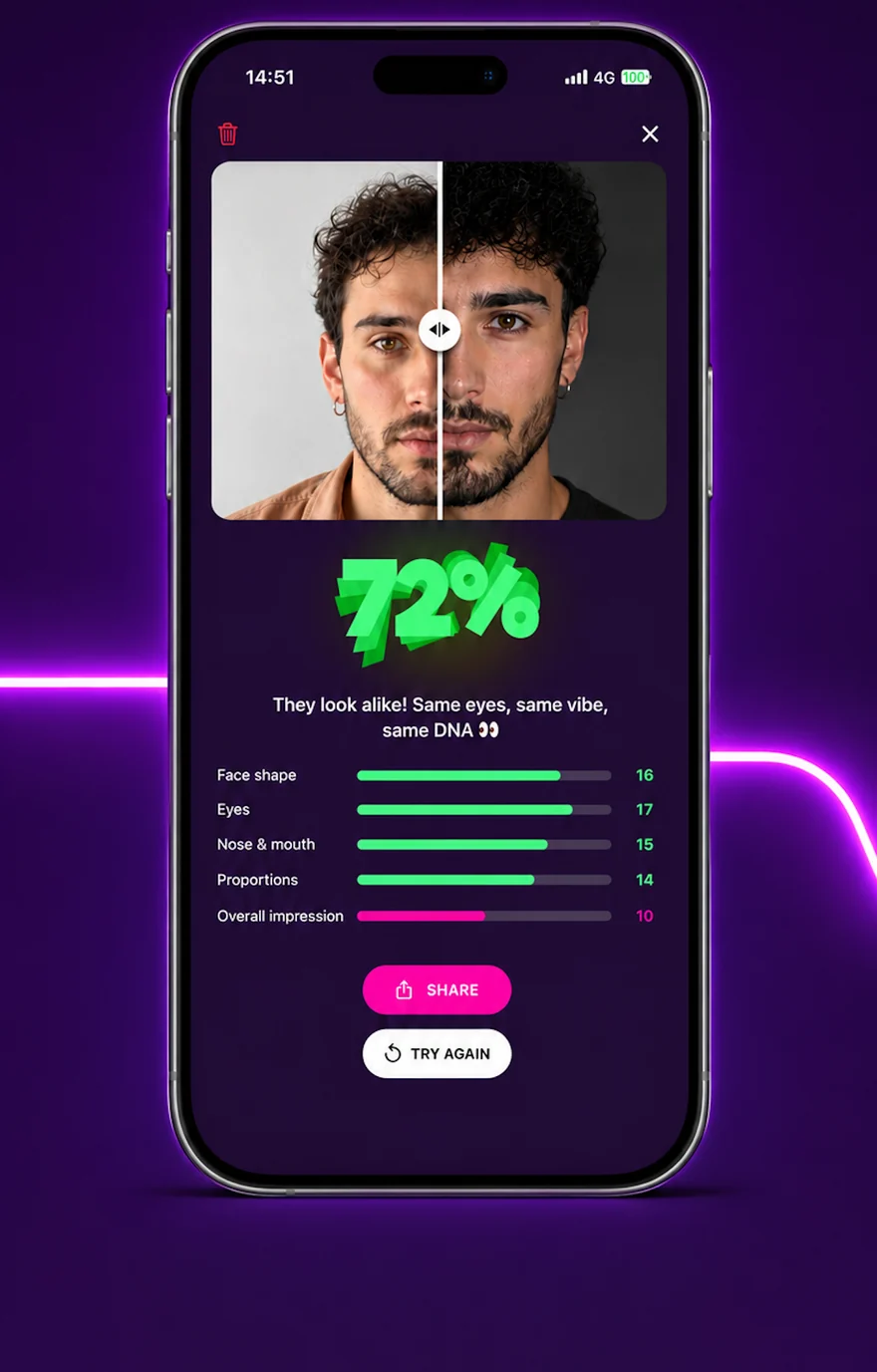 JustSame showing a 72% similarity score between two faces