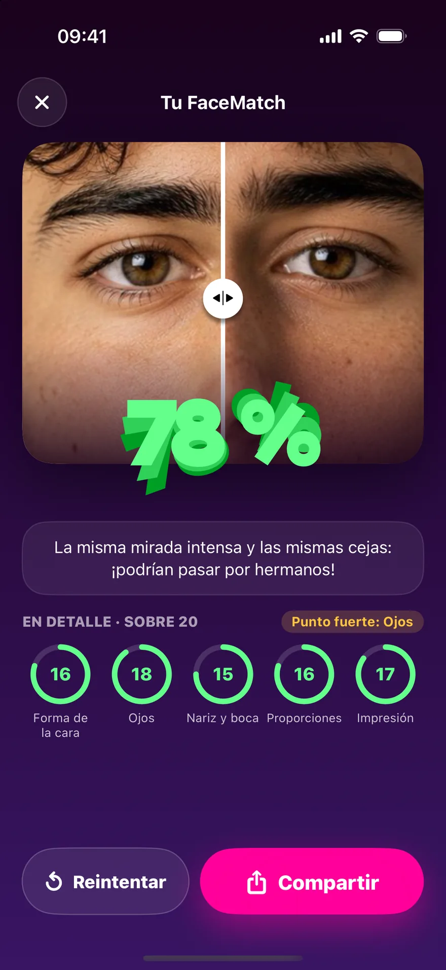 Un resultado de JustSame: la puntuación y cada rasgo sobre 20