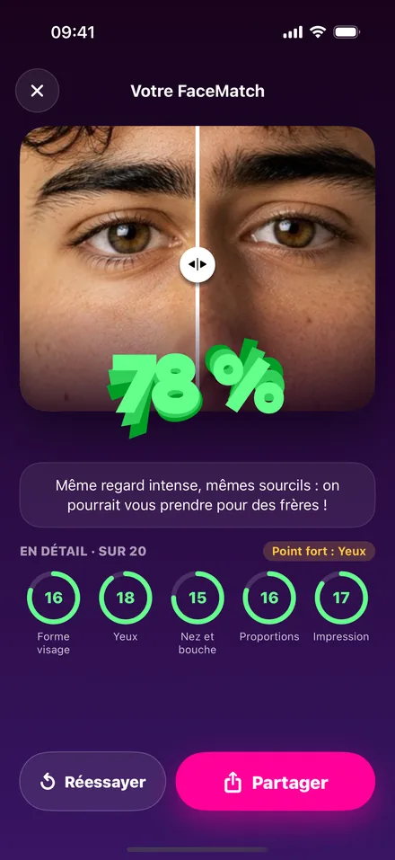 Un résultat FaceMatch avec la note de chaque trait