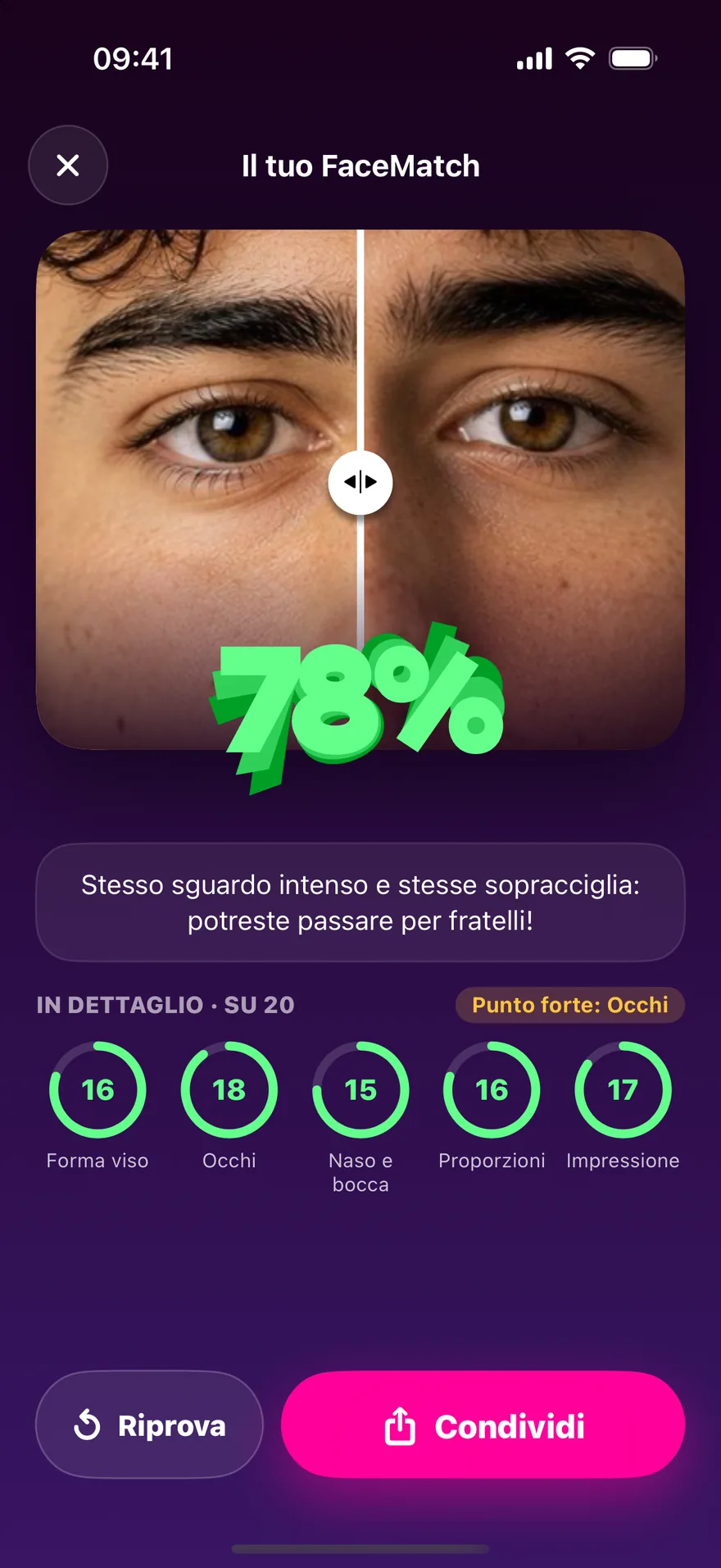 Un risultato di JustSame: il punteggio e ogni tratto con un voto su 20